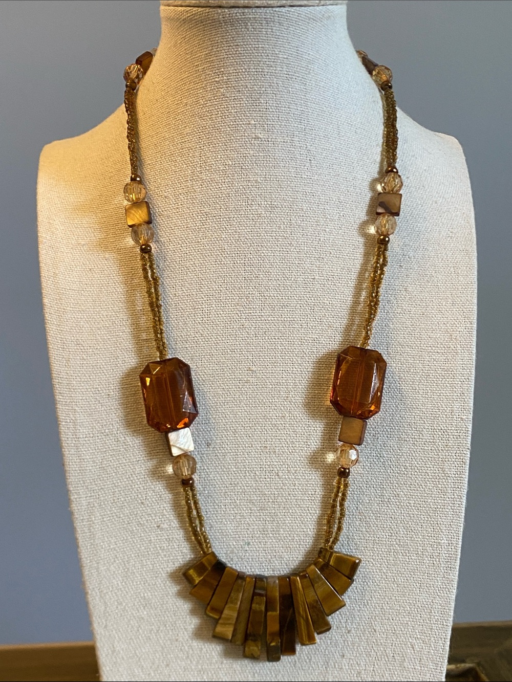 Tiger Eye Statement Bib Necklace Amber Crystal & Shell Beads 20”